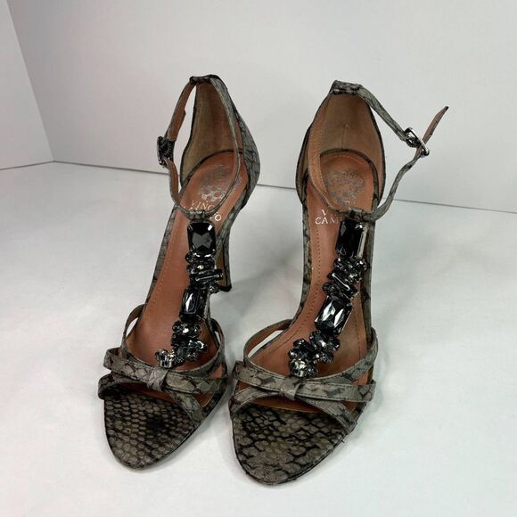 Vince Camuto Leather Snakeskin Open Toe Pumps Heels Buckle Grey Jeweled Womens - Picture 4 of 12